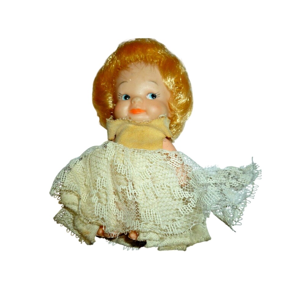 Vintage Pull String Talking Doll Blonde Hair Blue Eyes‎ Yellow Velvet Lace Dress